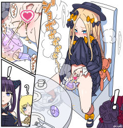 Rule 34 | !, 1boy, 3girls, ?, abigail williams (fate), bare shoulders, black bow, black dress, black headwear, blonde hair, blue eyes, blush, bow, breasts, censored, chair, clothes lift, dress, dress lift, fate/grand order, fate/requiem, fate (series), forehead, hair bow, hair ornament, hat, heart, heart censor, highres, katsushika hokusai (fate), large breasts, long hair, long sleeves, mouth hold, multiple bows, multiple girls, open mouth, orange bow, parted bangs, pee, peeing, peeing in cup, polka dot, polka dot bow, purple hair, pussy, ribbed dress, scarf, sekai saisoku no panda, short hair, sidelocks, sitting, sleeves past fingers, sleeves past wrists, small breasts, stuffed animal, stuffed toy, table, teapot, teddy bear, twintails, very long hair, voyager (fate), yang guifei (fate), yang guifei (second ascension) (fate)