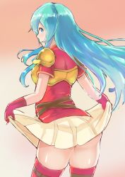 Rule 34 | 1girl, aqua eyes, aqua hair, armor, ass, belt, breastplate, clothes lift, commentary, earrings, eirika (fire emblem), fire emblem, fire emblem: the sacred stones, from behind, gloves, highres, hirotaka (hrtk990203), jewelry, long hair, looking at viewer, looking back, nintendo, open mouth, red shirt, shirt, sidelocks, skirt, skirt lift, smile, solo, thighhighs, thighs, very long hair