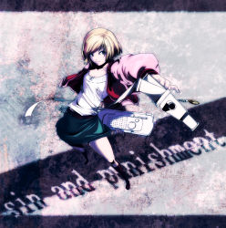 Rule 34 | 1girl, belt, blonde hair, blue eyes, bob cut, boots, breasts, cleavage, closed mouth, collarbone, copyright name, cropped jacket, full body, green skirt, highres, jacket, kachi (sin and punishment), legs apart, miniskirt, perspective, shirt, short hair, sin and punishment, skirt, smile, solo, standing, tsumi to batsu: sora no koukeisha, white shirt