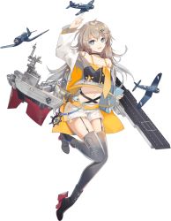 Rule 34 | 1girl, aircraft, anchor, arm up, black choker, black surge night, black thighhighs, blue eyes, choker, clothes writing, flight deck, fre (haochilanzuo), garter straps, grey hair, hair ornament, hairclip, holding, jacket, langley (black surge night), leg up, long hair, long sleeves, midriff, navel, official art, open mouth, rigging, rudder footwear, see-through, shorts, solo, thighhighs, transparent background, white shorts