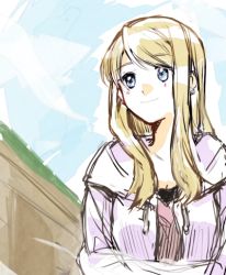 Rule 34 | 1girl, bad id, bad pixiv id, blonde hair, blue eyes, blue sky, blush, breasts, cleavage, closed mouth, crossed arms, day, earrings, fullmetal alchemist, happy, jacket, jewelry, long hair, looking up, lowres, medium breasts, open clothes, open jacket, outdoors, riarashu, shaded face, sky, smile, solo, straight hair, upper body, white jacket, winry rockbell