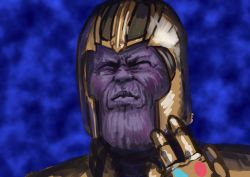 Rule 34 | 1boy, absurdres, avengers: infinity war, avengers (series), blue background, chanta (ayatakaoisii), closed mouth, colored skin, closed eyes, hand up, helmet, highres, infinity gauntlet, male focus, marvel, marvel cinematic universe, portrait, purple skin, sketch, solo, thanos