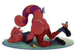 1boy animal_crossing ass bug butterfly censored fehforfun flick_(animal_crossing) furry furry_male grass insect male_focus monster nature nintendo nipples penis red_eyes red_hair scaly shoes