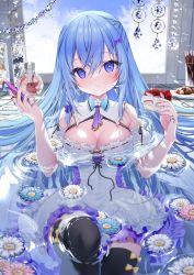 Rule 34 | 1girl, absurdres, black thighhighs, blue eyes, blue flower, blue hair, blush, bottle, bow, breasts, cake, cellphone, dress, emori miku, flower, food, food on face, frilled dress, frills, hair between eyes, hair bow, highres, holding, holding food, holding phone, indoors, jewelry, liver city, long hair, looking at viewer, medium breasts, nail polish, partially submerged, phone, pink flower, purple bow, purple nails, ring, smartphone, solo, strawberry shortcake, thighhighs, very long hair, water, white dress, white flower, yoruhoshi owl
