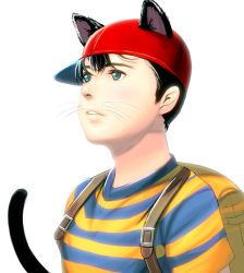 Rule 34 | animal ears, aqua eyes, backpack, bad id, bad pixiv id, bag, black hair, cat boy, cat ears, cat tail, child, commentary, kouno (masao), male focus, mother (game), mother 2, ness (mother 2), nintendo, randoseru, shirt, solo, striped clothes, striped shirt, tail, whiskers