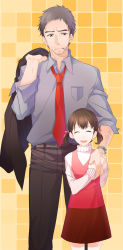 Rule 34 | 1boy, 1girl, ^ ^, age difference, aile (crossroads), atlus, black eyes, black hair, brown hair, closed eyes, doujima nanako, doujima ryoutarou, father and daughter, hair ribbon, jacket, jacket over shoulder, jewelry, long image, mouth hold, necklace, persona, persona 4, ribbon, short hair, short twintails, tall image, twintails, unworn jacket, watch, wristwatch
