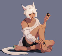 Rule 34 | 1girl, alternate costume, animal ears, applying pedicure, aqua nails, barefoot, black shorts, blue background, cat ears, cat girl, cat tail, collarbone, commentary, english commentary, facial mark, final fantasy, final fantasy xiv, full body, grey eyes, hand up, highres, holding, holding brush, knee up, looking down, lyra-kotto, miqo&#039;te, nail polish, nail polish bottle, nail polish brush, neck tattoo, off-shoulder sweater, off shoulder, painting nails, painting toenails, red lips, short hair, shorts, simple background, single bare shoulder, sitting, slit pupils, smile, solo, sweater, tail, tattoo, toenail polish, toenails, white hair, white sweater, y&#039;shtola rhul