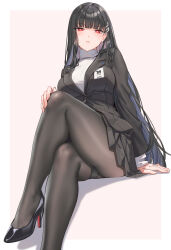 Rule 34 | 1girl, black footwear, black hair, black jacket, black pantyhose, black skirt, blue archive, breasts, bright pupils, crossed legs, fangxiang cuoluan, foot out of frame, hair ornament, hairclip, high heels, highres, id card, jacket, knee up, large breasts, legs, long hair, pantyhose, red eyes, ribbed sweater, rio (blue archive), skirt, solo, sweater, thigh strap, thighs, toe cleavage, turtleneck, turtleneck sweater, white pupils, white sweater