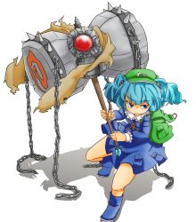 Rule 34 | 1girl, aa hito, aa nin, backpack, bag, blue eyes, blue hair, boots, chain, dress, female focus, frown, gem, hair bobbles, hair ornament, hammer, hat, kawashiro nitori, key, long sleeves, looking away, matching hair/eyes, shadow, short hair, simple background, sledgehammer, solo, spikes, strap, touhou, twintails, two side up, weapon, white background