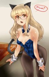 Rule 34 | 1girl, animal ears, artist request, bare shoulders, blonde hair, blush, breasts, cat ears, cat tail, cleavage, cuffs, detached collar, french text, glasses, hand on leg, highres, leotard, long hair, looking at viewer, open mouth, pantyhose, perrine h. clostermann, playboy bunny, shiny skin, small breasts, strike witches, tail, world witches series, wrist cuffs, yellow eyes
