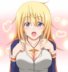 Rule 34 | 10s, 1girl, blonde hair, blush, breasts, charlotte dunois, cleavage, heart, highres, infinite stratos, jacket, jewelry, large breasts, minatsuki nao, necklace, open mouth, purple eyes, raglan sleeves, solo, track jacket, zipper