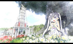 Rule 34 | 1girl, :o, building, daffodil, day, dress, fang, flower, google sketchup (medium), letterboxed, mofetousu furuna, original, outdoors, pointy ears, purple eyes, saru, scenery, sky, solo, tree, tulip, twintails, under tree, white hair, wreath