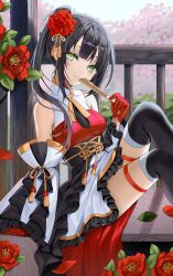 Rule 34 | 1girl, arm support, bare shoulders, black hair, black thighhighs, blush, breasts, closed mouth, commentary, covered collarbone, detached sleeves, feet out of frame, flower, folded fan, folding fan, frilled skirt, frilled sleeves, frills, gloves, green eyes, hair flower, hair ornament, hand fan, highres, holding, holding fan, knees up, light smile, lloule, long hair, long sleeves, looking at viewer, medium breasts, original, petals, ponytail, railing, red flower, red gloves, skirt, solo, symbol-only commentary, thighhighs, white skirt, white sleeves, wide sleeves