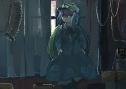 Rule 34 | 1girl, backpack, bag, blue eyes, blue hair, curtains, hat, ichiba youichi, indoors, kawashiro nitori, long sleeves, looking outside, matching hair/eyes, shirt, skirt, solo, touhou, twintails, two side up, window, workshop