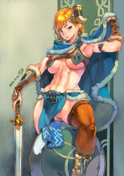 Rule 34 | 1girl, abs, armor, blonde hair, blue eyes, blush, breasts, capelet, covered erect nipples, f.s., fur trim, highres, holding, holding sword, holding weapon, large breasts, long hair, looking at viewer, muscular, muscular female, navel, no panties, original, parted lips, pelvic curtain, shiny skin, sitting, solo, sword, thighhighs, underboob, warrior, weapon
