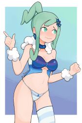 Rule 34 | 1girl, arm warmers, blush, border, breasts, cleavage, closed mouth, collar, commentary, creatures (company), earrings, eyelashes, game freak, gradient background, green eyes, green hair, hand up, highres, index finger raised, jewelry, lisia (pokemon), medium breasts, navel, nintendo, panties, pokemon, pokemon oras, raised eyebrows, sidelocks, single thighhigh, softhanten, solo, striped clothes, striped panties, striped thighhighs, sweat, thighhighs, underboob, underwear, white border