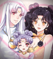 Rule 34 | 1990s (style), 1boy, 2girls, artemis (sailor moon), artemis (sailor moon) (human), bell, bishoujo senshi sailor moon, bishounen, black hair, bow, choker, crescent, crescent facial mark, diana (sailor moon), facial mark, father and daughter, fhalei, flower, forehead mark, hair bun, jewelry, light purple hair, long hair, luna (sailor moon), luna (sailor moon) (human), mother and daughter, multiple girls, necklace, one eye closed, personification, red eyes, retro artstyle, short hair, single hair bun, smile, white hair, wink, yellow bow, yellow eyes