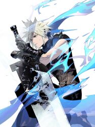 Rule 34 | 1boy, armor, baggy pants, belt, blonde hair, blue eyes, boots, buster sword, closed mouth, cloud strife, cofffee, final fantasy, final fantasy vii, final fantasy vii remake, gloves, holding, holding sword, holding weapon, huge weapon, looking to the side, male focus, multiple belts, on one knee, pants, ribbed sweater, short hair, shoulder armor, sleeveless, sleeveless turtleneck, solo, spiked hair, suspenders, sweater, sword, toned, toned male, turtleneck, turtleneck sweater, weapon, white background