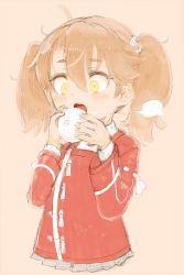 Rule 34 | 1girl, baozi, brown hair, commentary request, eating, food, fujinozu, japanese clothes, kantai collection, kariginu, pink background, red shirt, ryuujou (kancolle), shirt, simple background, solo, twintails, upper body, yellow eyes