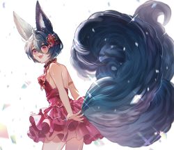 Rule 34 | 1girl, 2nii, animal ears, artist name, ascot, backless dress, backless outfit, blue nails, blush, breasts, confetti, cowboy shot, dress, erune, fangs, fluffy, granblue fantasy, hair ornament, looking at viewer, looking to the side, multiple tails, nail polish, open mouth, red dress, red eyes, short hair, sideboob, small breasts, smile, solo, sparkle, tail, teeth, upper teeth only, you (granblue fantasy)