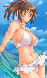 Rule 34 | 1girl, bad id, bad pixiv id, bikini, breasts, brown eyes, brown hair, cleavage, covered erect nipples, day, large breasts, looking at viewer, navel, original, outdoors, parted lips, ponytail, poso, sky, solo, swimsuit, white bikini