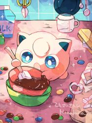 Rule 34 | :o, artist name, blue eyes, bowl, bright pupils, candy, commentary request, creatures (company), food, game freak, gen 1 pokemon, hanabusaoekaki, highres, holding, holding spatula, indoors, jigglypuff, measuring cup, milk, milk carton, nintendo, no humans, open mouth, pokemon, pokemon (creature), scissors, sparkle, spatula, white pupils