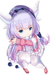 Rule 34 | 10s, 1girl, absurdres, beads, black bow, black hairband, blue eyes, blunt bangs, bow, capelet, dragon girl, dragon horns, dragon tail, dress, from above, full body, gatari, hair beads, hair bow, hair ornament, hairband, highres, horns, kanna kamui, kobayashi-san chi no maidragon, long hair, looking at viewer, mouth hold, red footwear, shoes, silver hair, simple background, sitting, solo, tail, thighhighs, twintails, white background, white thighhighs