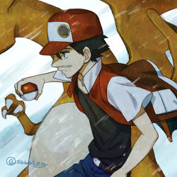 Rule 34 | 1boy, baseball cap, belt buckle, black hair, black shirt, blue pants, buckle, charizard, closed mouth, commentary request, creatures (company), from side, frozen snot, game freak, gen 1 pokemon, hat, holding, holding poke ball, jacket, kanimaru, male focus, nintendo, open clothes, open jacket, pants, poke ball, poke ball (basic), pokemon, pokemon (creature), pokemon gsc, red (pokemon), red headwear, red jacket, shirt, short hair, short sleeves, snot, snowing, split mouth