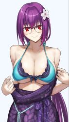 Rule 34 | 1girl, alternate hairstyle, bare shoulders, bikini, breasts, cleavage, dress, fate/grand order, fate (series), glasses, highres, kugiseiichi, large breasts, looking at viewer, off shoulder, red eyes, red hair, scathach (fate), scathach skadi (fate), scathach skadi (swimsuit ruler) (fate), scathach skadi (swimsuit ruler) (final ascension) (fate), scathach skadi (swimsuit ruler) (second ascension) (fate), scathach skadi (third ascension) (fate), short hair, smile, solo, sweater, sweater dress, swimsuit, white background