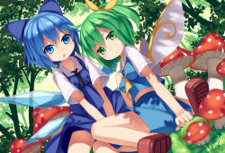 Rule 34 | 2girls, ascot, blouse, blue eyes, blue hair, bow, cirno, daiyousei, fairy wings, grass, green eyes, green hair, hair bow, hair ribbon, highres, ice, ice wings, looking at viewer, mikan (bananoha), multiple girls, mushroom, pout, ribbon, shirt, short sleeves, side ponytail, sitting, skirt, skirt set, touhou, tree, v arms, vest, white shirt, wings