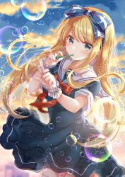 Rule 34 | 1girl, blonde hair, blue bow, blue dress, blue eyes, blush, bow, bubble, blowing bubbles, cloud, cowboy shot, dress, emu alice, floating hair, gomano rio, hair bow, hairband, highres, holding, liver city, long hair, looking at viewer, mouth hold, nail polish, outdoors, pink nails, red neckwear, sailor dress, short dress, short sleeves, sky, solo, thighhighs, wrist cuffs