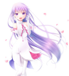 Rule 34 | 1girl, :d, elbow gloves, gloves, halterneck, long hair, miyato000, official alternate costume, open mouth, pantyhose, petals, purple eyes, purple hair, skirt, smile, solo, sophie (tales), tales of (series), tales of graces, very long hair, white background, white gloves, white pantyhose, white skirt