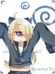 Rule 34 | !, !!, + +, 1girl, blonde hair, blue eyes, bow, cyclops, eyes visible through hair, fang, hair bow, hair over one eye, hands in opposite sleeves, long hair, looking at viewer, midriff, muroku (aimichiyo0526), navel, one-eyed, open mouth, original, oversized clothes, school uniform, serafuku, simple background, sleeves past wrists, solo, spiral, swept bangs, teeth, twitter username, viewfinder, white background