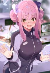Rule 34 | 1girl, absurdres, angel wings, black jacket, blue archive, blush, cake, chocolate, double bun, feathered wings, flower, food, gym uniform, hair bun, hair flower, hair ornament, halo, highres, jacket, knife, long sleeves, looking at viewer, mika (blue archive), open mouth, pink hair, pink halo, purple flower, sezok, short hair, solo, swiss roll, white wings, wings, yellow eyes