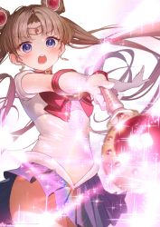 1girl, artist name, bangs, bishoujo senshi sailor moon, blonde hair, blue eyes, choker, crescent, crescent earrings, earrings, elbow gloves, eyebrows visible through hair, foreshortening, gloves, highres, holding, holding scepter, jewelry, long hair, open mouth, parted bangs, red choker, ryota (ry o ta), sailor moon, sailor senshi uniform, scepter, serious, signature, solo, sparkle, thighs, tiara, twintails, upper body, upper teeth, white gloves