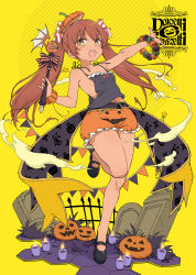Rule 34 | 1girl, aka ringo, black footwear, blush, brown eyes, brown hair, candle, full body, hair between eyes, halloween, halloween costume, highres, jack-o&#039;-lantern, kantai collection, libeccio (kancolle), long hair, mary janes, official alternate costume, open mouth, orange headwear, orange shorts, pumpkin hat, shoes, shorts, smile, solo, standing, standing on one leg, star (symbol), tombstone, twintails, yellow background