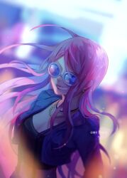 Rule 34 | 1girl, blurry, blurry background, crop top, cropped jacket, earrings, fish191101756, highres, jewelry, jewelry bonney, long hair, looking at viewer, necklace, one piece, pink hair, sidelocks, smile, solo, sunglasses