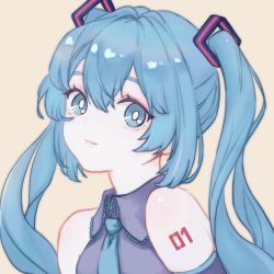 Rule 34 | 1980s (style), 1girl, arm tattoo, bad id, bad pixiv id, beige background, blue eyes, blue hair, blue necktie, close-up, hatsune miku, highres, looking at viewer, mahosame, necktie, oldschool, retro artstyle, solo, tattoo, twintails, vocaloid