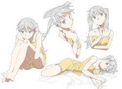 Rule 34 | 1girl, arm under breasts, arms on knees, bare legs, bare shoulders, barefoot, breasts, camisole, collarbone, crossed arms, finger to own chin, grey eyes, grey hair, hair ornament, hair ribbon, hairclip, highres, ichisannyonn, knees up, looking at viewer, looking away, lying, medium breasts, monogatari (series), multiple views, oikura sodachi, owarimonogatari, pajamas, ribbon, sitting, sleeveless, strap slip, thinking, twintails, yellow camisole