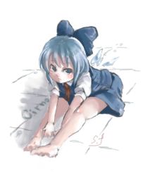 Rule 34 | 1girl, bad id, bare legs, barefoot, blue eyes, blue hair, blush, bow, character name, character signature, cirno, full body, hair bow, matching hair/eyes, oekaki, shift (waage), short hair, signature, simple background, sitting, skirt, skirt set, solo, touhou, wings