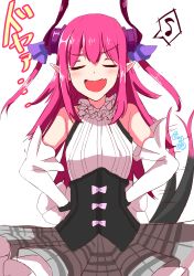 Rule 34 | 10s, 1girl, absurdres, bad id, bad pixiv id, bare shoulders, blush, bow, closed eyes, commentary request, corset, curled horns, dragon horns, dragon tail, elbow gloves, elizabeth bathory (fate), elizabeth bathory (fate/extra ccc), elizabeth bathory (second ascension) (fate), fang, fate/extra, fate/extra ccc, fate/grand order, fate (series), gloves, guritto, hands on own hips, highres, horns, long hair, musical note, open mouth, pink hair, plaid, plaid skirt, pointy ears, simple background, sketch, skirt, smile, solo, spoken musical note, tail, tail wagging, translation request, white background