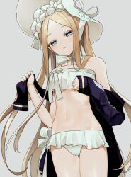 Rule 34 | 1girl, :o, abigail williams (fate), abigail williams (swimsuit foreigner) (fate), abigail williams (swimsuit foreigner) (third ascension) (fate), bare shoulders, bikini, bikini skirt, black jacket, blonde hair, blue eyes, bonnet, bow, cowboy shot, fate/grand order, fate (series), from below, grey background, hair bow, highres, jacket, jacket partially removed, light blush, long hair, long sleeves, looking down, multiple hair bows, navel, off shoulder, parted lips, ribbon, simple background, sleeves past wrists, solo, striped bow, striped ribbon, sumi (gfgf 045), swimsuit, twintails, white bikini, white bow, white headwear, white ribbon