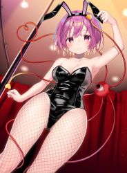 Rule 34 | 1girl, animal ears, arm up, armpits, bare shoulders, black leotard, blush, breasts, collarbone, cowboy shot, eyeball, fake animal ears, fishnet pantyhose, fishnets, from below, grin, hairband, hand on own ear, heart, heart of string, highres, komeiji satori, leotard, looking at viewer, looking down, mamemochi, medium breasts, narrow waist, pantyhose, playboy bunny, pole, purple eyes, purple hair, rabbit ears, shiny clothes, short hair, smile, solo, strapless, strapless leotard, stripper pole, thigh gap, third eye, touhou, wide hips