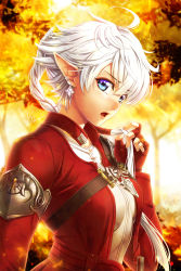 Rule 34 | alisaie leveilleur, blue eyes, blush, breasts, check commentary, chest belt, commentary, commentary request, earrings, elezen, elf, final fantasy, final fantasy xiv, fingerless gloves, gloves, hair ornament, highres, holding, holding hair, jacket, jewelry, lips, open collar, open mouth, pointy ears, ponytail, small breasts, torso, torso only, white hair, you haruka