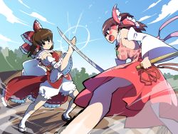 Rule 34 | 2girls, ascot, blocking, bow, brown eyes, brown hair, collared shirt, commentary request, cookie (touhou), detached sleeves, dress, fighting, frilled bow, frilled hair tubes, frilled shirt collar, frills, hair bow, hair tubes, hakurei reimu, holding, holding weapon, kanna (cookie), long sleeves, multiple girls, red bow, red dress, red shirt, rurima (cookie), shirt, sleeveless, sleeveless dress, sleeveless shirt, sword, syowahoka, third-party source, touhou, weapon, white sleeves, wide sleeves, yellow ascot