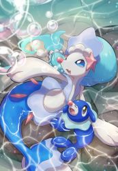 Rule 34 | :d, absurdres, blue eyes, blurry, bubble, colored eyelashes, commentary request, creatures (company), fang, from above, game freak, gen 7 pokemon, grey eyes, highres, nintendo, no humans, nullma, open mouth, outstretched arm, pokemon, pokemon (creature), popplio, primarina, signature, smile, tongue, water