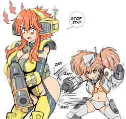 Rule 34 | 2girls, armor, ass punch, blush, breasts, cannon, cleavage, cosplay, english text, gun, height difference, hmage, large breasts, mecha musume, multiple girls, navel, orange hair, panties, punching, reaper (titanfall 2), scorch (titanfall 2), small breasts, smile, sound effects, thighhighs, titan (titanfall), titanfall, titanfall (series), titanfall 2, underwear, weapon