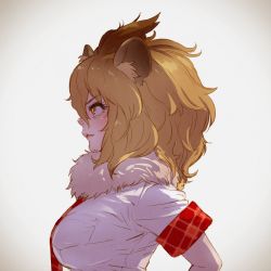 Rule 34 | 10s, animal ear fluff, animal ears, blonde hair, commentary request, fang, from side, fur collar, highres, kemono friends, lion (kemono friends), lion ears, necktie, plaid trim, profile, realistic, short hair, short sleeves, solo, takami masahiro, upper body, yellow eyes