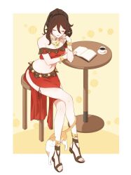 Rule 34 | 1girl, book, border, breasts, brown hair, cat, cleavage, closed eyes, commentary request, cran adonis, cropped shirt, cup, gladiator sandals, hair between eyes, highres, jewelry, long hair, multiple bracelets, navel, necklace, octopath traveler, octopath traveler i, off-shoulder shirt, off shoulder, on stool, open book, outside border, pelvic curtain, plate, primrose azelhart, red shirt, sandals, shirt, sitting, table, teacup, toes, white border, yellow background