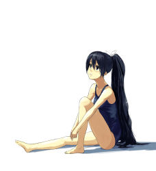 Rule 34 | 1girl, bad id, bad pixiv id, bare legs, bare shoulders, barefoot, black hair, ganaha hibiki, green eyes, highres, idolmaster, idolmaster (classic), long hair, one-piece swimsuit, parted lips, ponytail, school swimsuit, setsuo (chohonsoku), sitting, sketch, solo, swimsuit, very long hair, wet